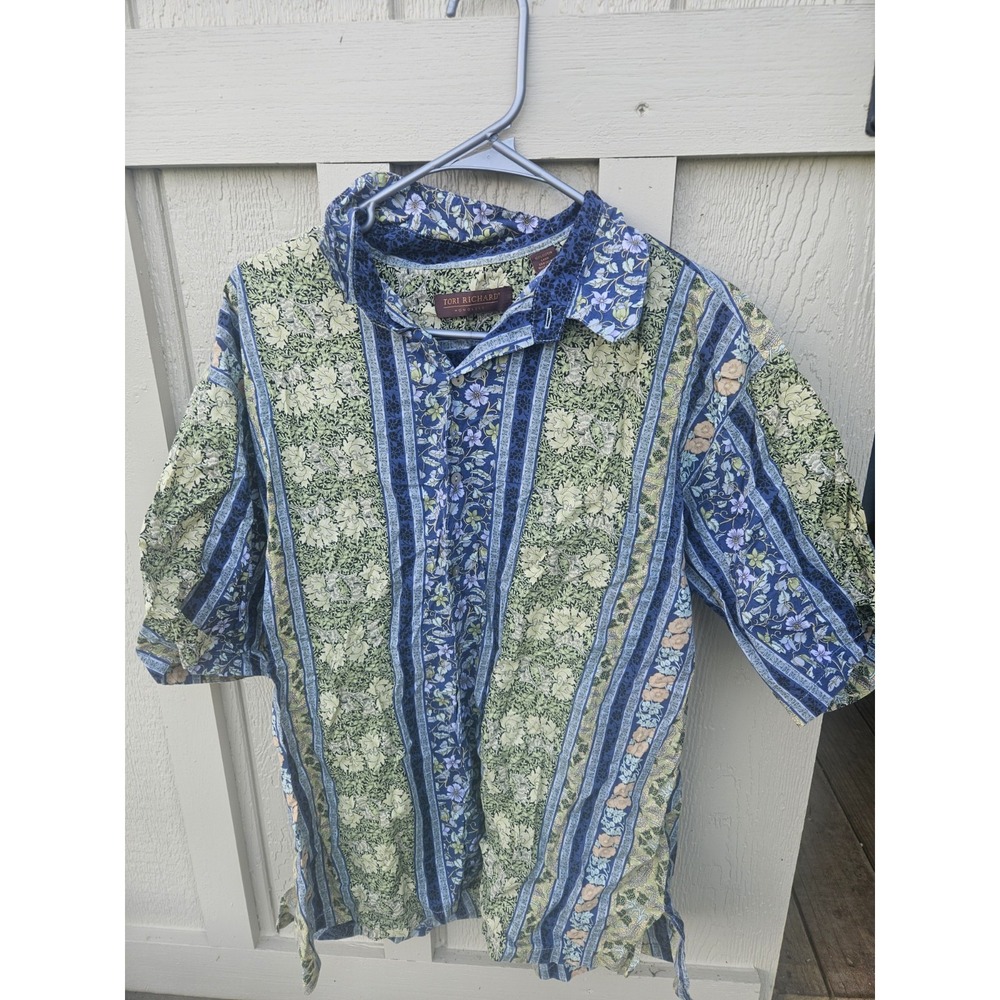 Tori Richard Honolulu Beach Hawaiian Shirt Men's L Cotton Blue Peach Green